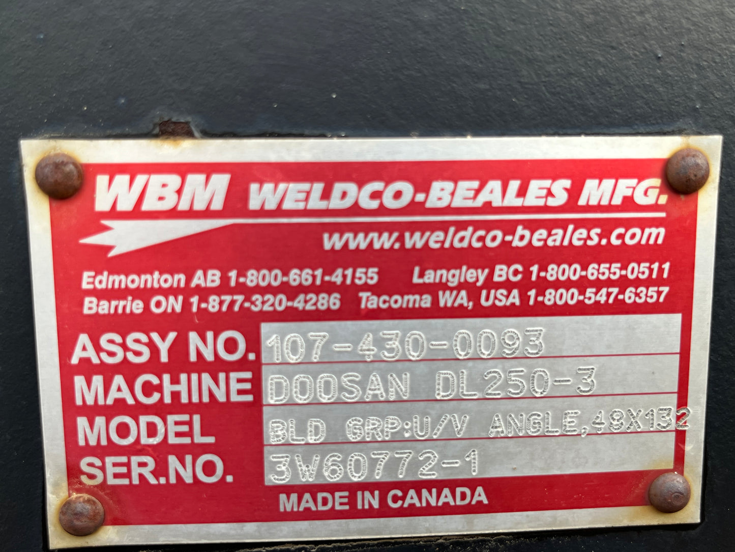 132 IN WBM Hydraulic V Snow Plow To Fit Doosan DL250-3